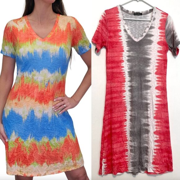 DAVID CLINE Red Gray White Tie Dye Stripe Short Sleeve Summer Knee T-Shirt Dress - Picture 1 of 15
